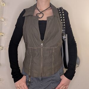 Y2K Olive Zip Up Vest Jacket With Embroidery